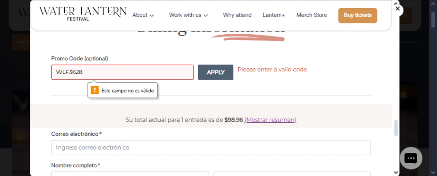 Water Lantern Festival promo code screenshot showing code WLF3628 applied at Water Lantern Festival checkout page. Uploaded by SimplyCodes community member TraxoGamer on Jan 19, 2026