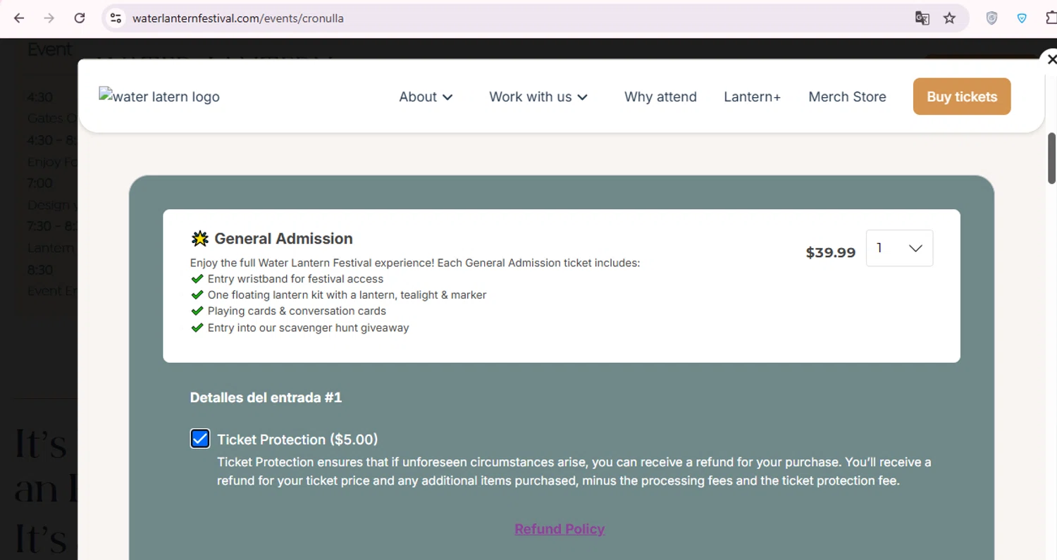 Water Lantern Festival promo code screenshot showing code WLF3628 applied at Water Lantern Festival checkout page. Uploaded by SimplyCodes community member carol_lameda on Nov 30, 2025