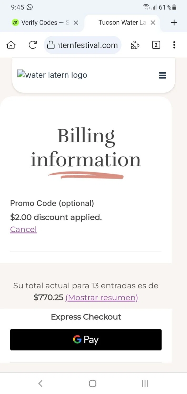Water Lantern Festival promo code screenshot showing code WLF3628 applied at Water Lantern Festival checkout page. Uploaded by SimplyCodes community member menotychire on Dec 29, 2025
