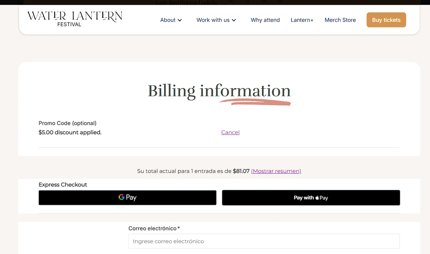 Water Lantern Festival promo code screenshot showing code ILLUMINATE5 applied at Water Lantern Festival checkout page. Uploaded by SimplyCodes community member fjkdjkldsf on Oct 2, 2025