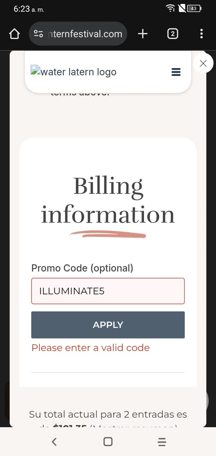 Water Lantern Festival promo code screenshot showing code ILLUMINATE5 applied at Water Lantern Festival checkout page. Uploaded by SimplyCodes community member RoyalSpotter5217 on Nov 30, 2025