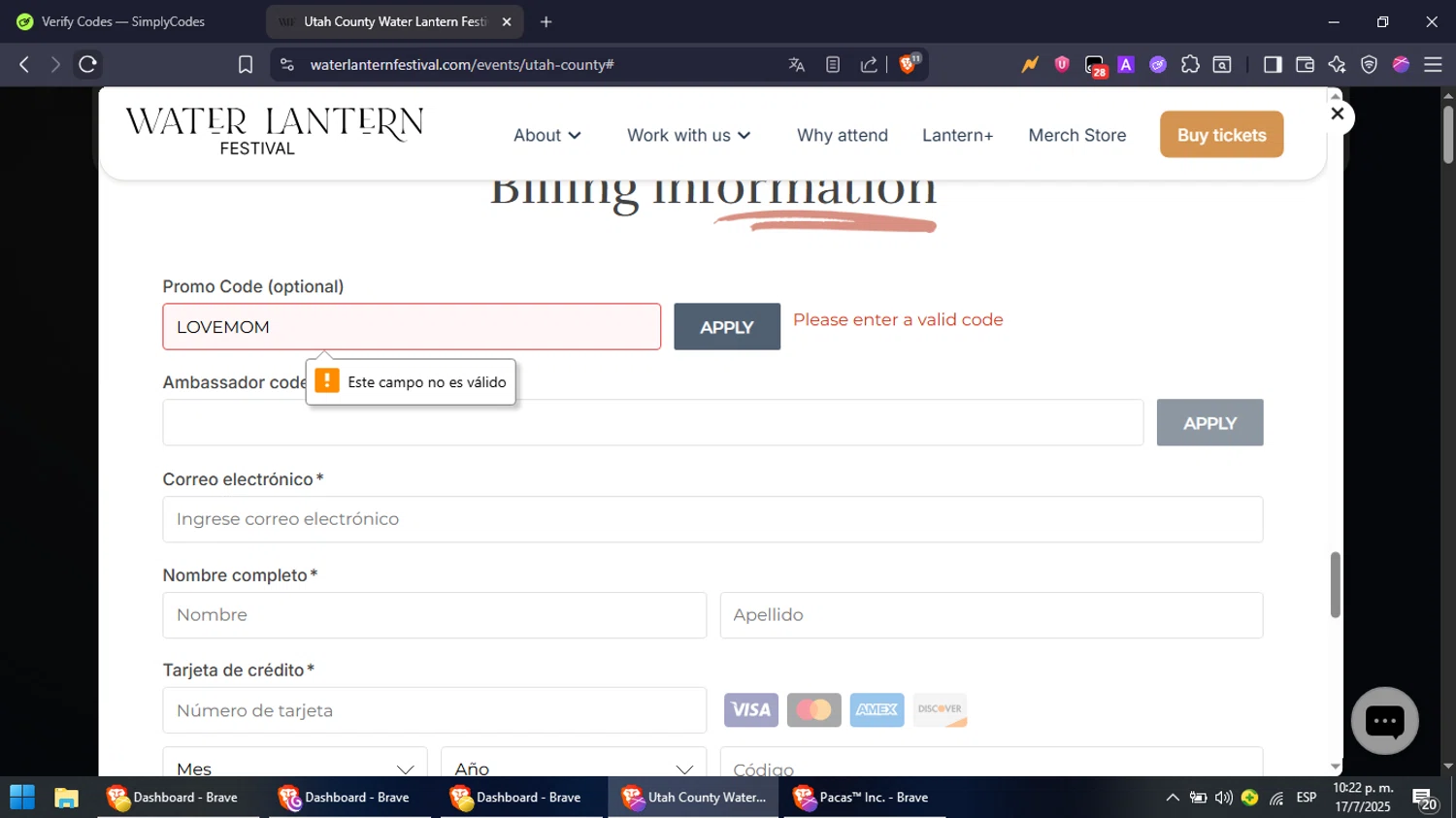 Water Lantern Festival promo code screenshot showing code LOVEMOM applied at Water Lantern Festival checkout page. Uploaded by SimplyCodes community member NobleFox488 on Jul 18, 2025