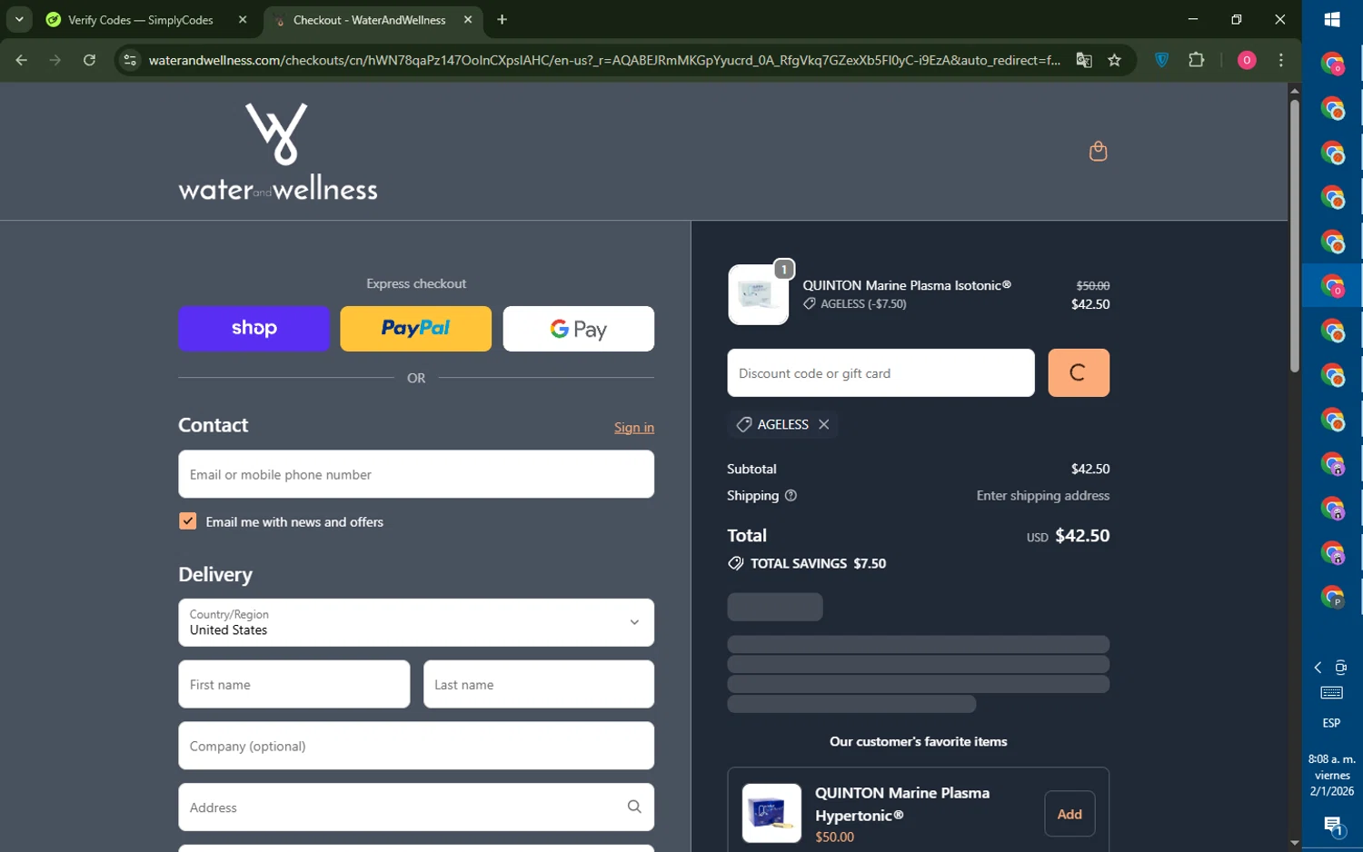 Water & Wellness promo code screenshot showing code AGELESS applied at Water & Wellness checkout page. Uploaded by SimplyCodes community member LegendaryRanger6350 on Jan 2, 2026