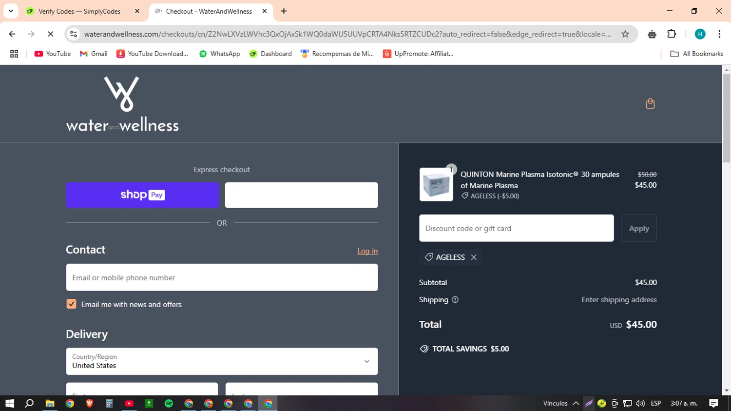 Water & Wellness promo code screenshot showing code AGELESS applied at Water & Wellness checkout page. Uploaded by SimplyCodes community member MACHINEv1 on Feb 24, 2025