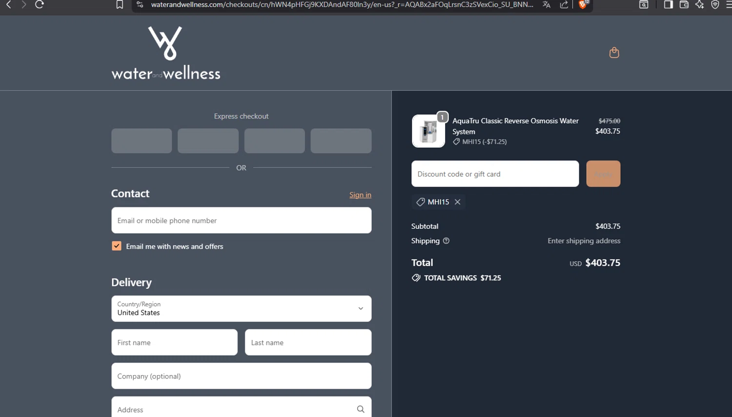 Water & Wellness promo code screenshot showing code MHI15 applied at Water & Wellness checkout page. Uploaded by SimplyCodes community member crischidy25 on Nov 2, 2025