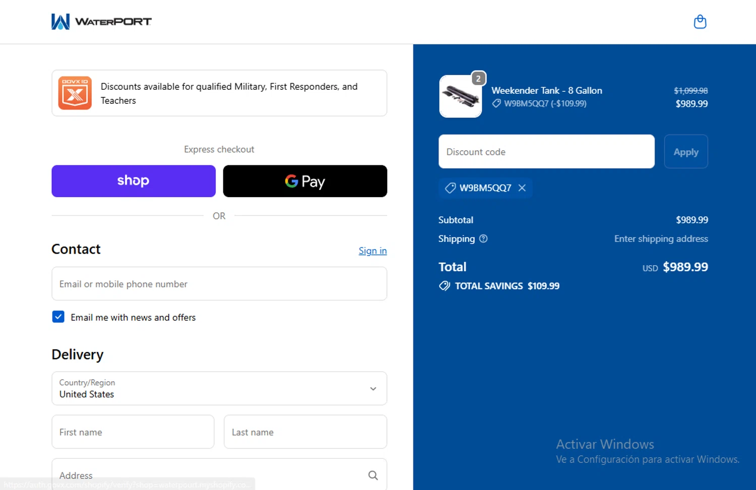 WaterPORT discount code screenshot showing code W9BM5QQ7 applied at WaterPORT checkout page. Uploaded by SimplyCodes community member Lestara_23 on Dec 20, 2025