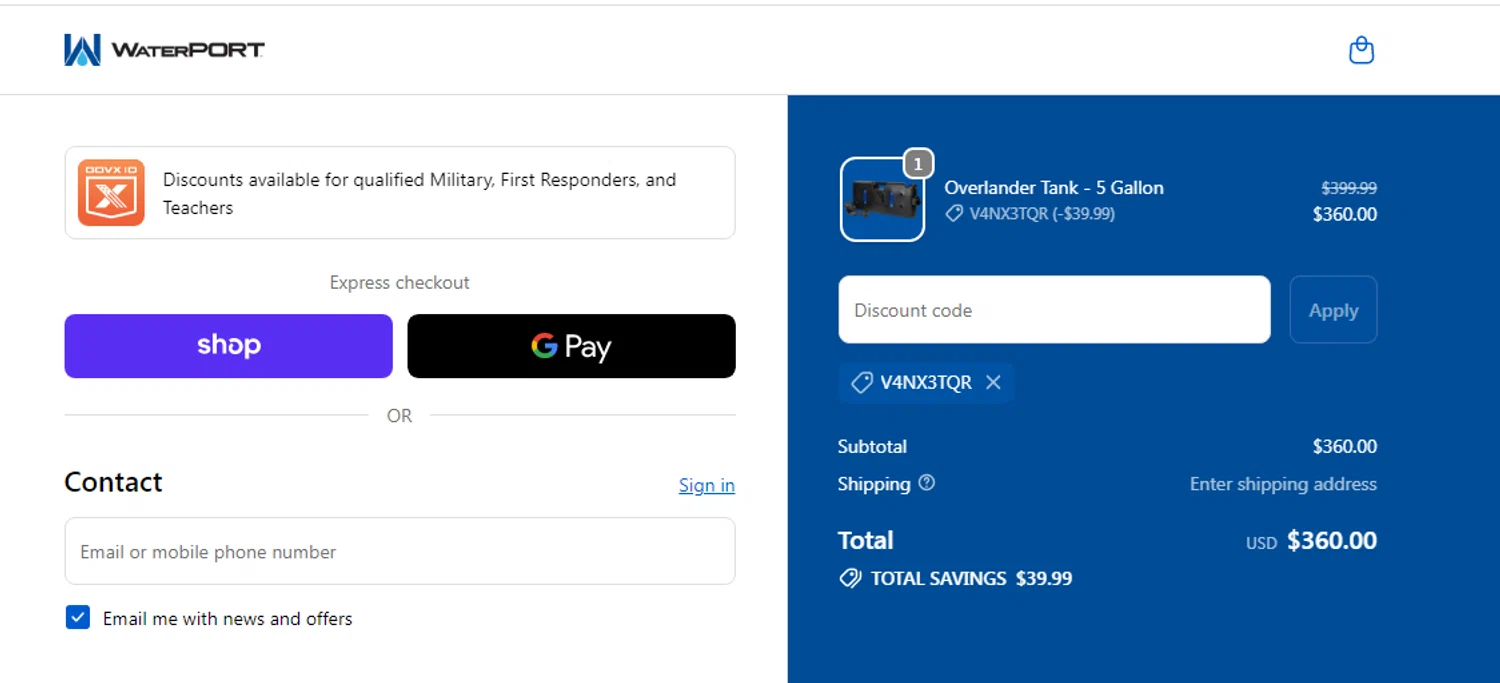 WaterPORT discount code screenshot showing code V4NX3TQR applied at WaterPORT checkout page. Uploaded by SimplyCodes community member Alofoke on Dec 5, 2025