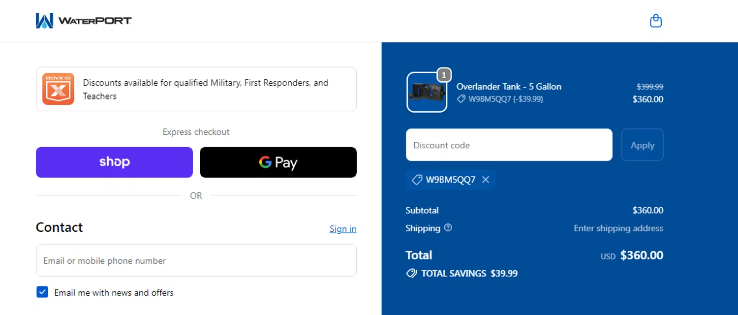 WaterPORT discount code screenshot showing code W9BM5QQ7 applied at WaterPORT checkout page. Uploaded by SimplyCodes community member Alofoke on Nov 13, 2025