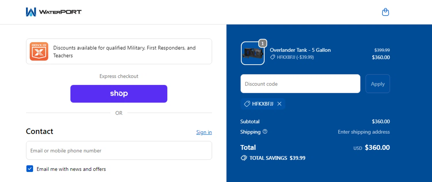 WaterPORT discount code screenshot showing code HFKXBFJJ applied at WaterPORT checkout page. Uploaded by SimplyCodes community member Alofoke on Nov 17, 2025