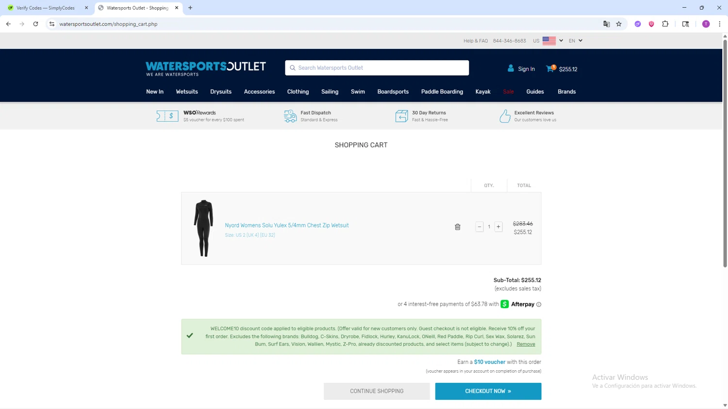 Watersports Outlet discount code screenshot showing code WELCOME10 applied at Watersports Outlet checkout page. Uploaded by SimplyCodes community member ShrewdSleuth9497 on Sep 7, 2025