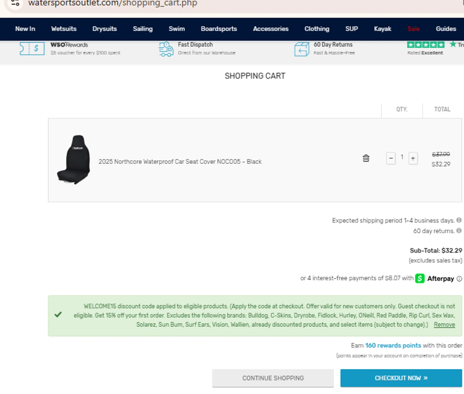 Watersports Outlet discount code screenshot showing code WELCOME15 applied at Watersports Outlet checkout page. Uploaded by SimplyCodes community member BudgetLion5814 on Mar 17, 2025