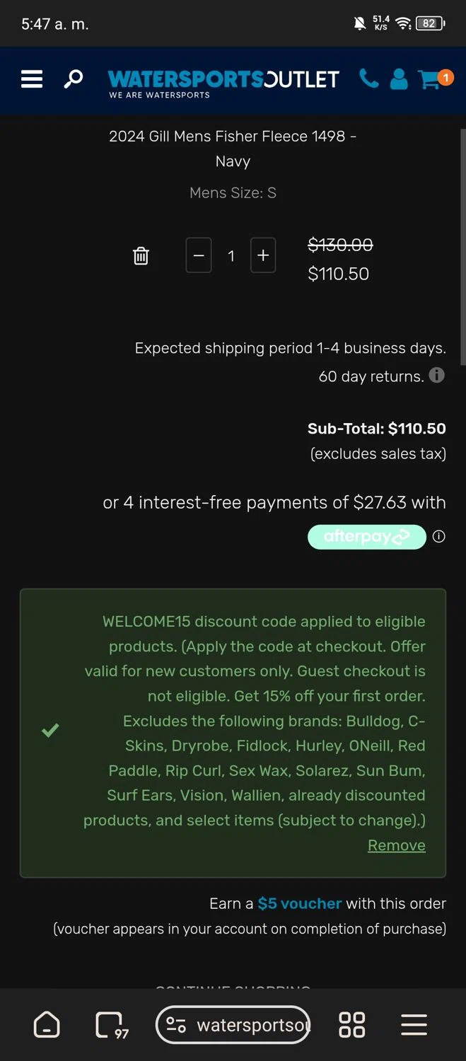 Watersports Outlet discount code screenshot showing code WELCOME15 applied at Watersports Outlet checkout page. Uploaded by SimplyCodes community member usermariee on Feb 12, 2025