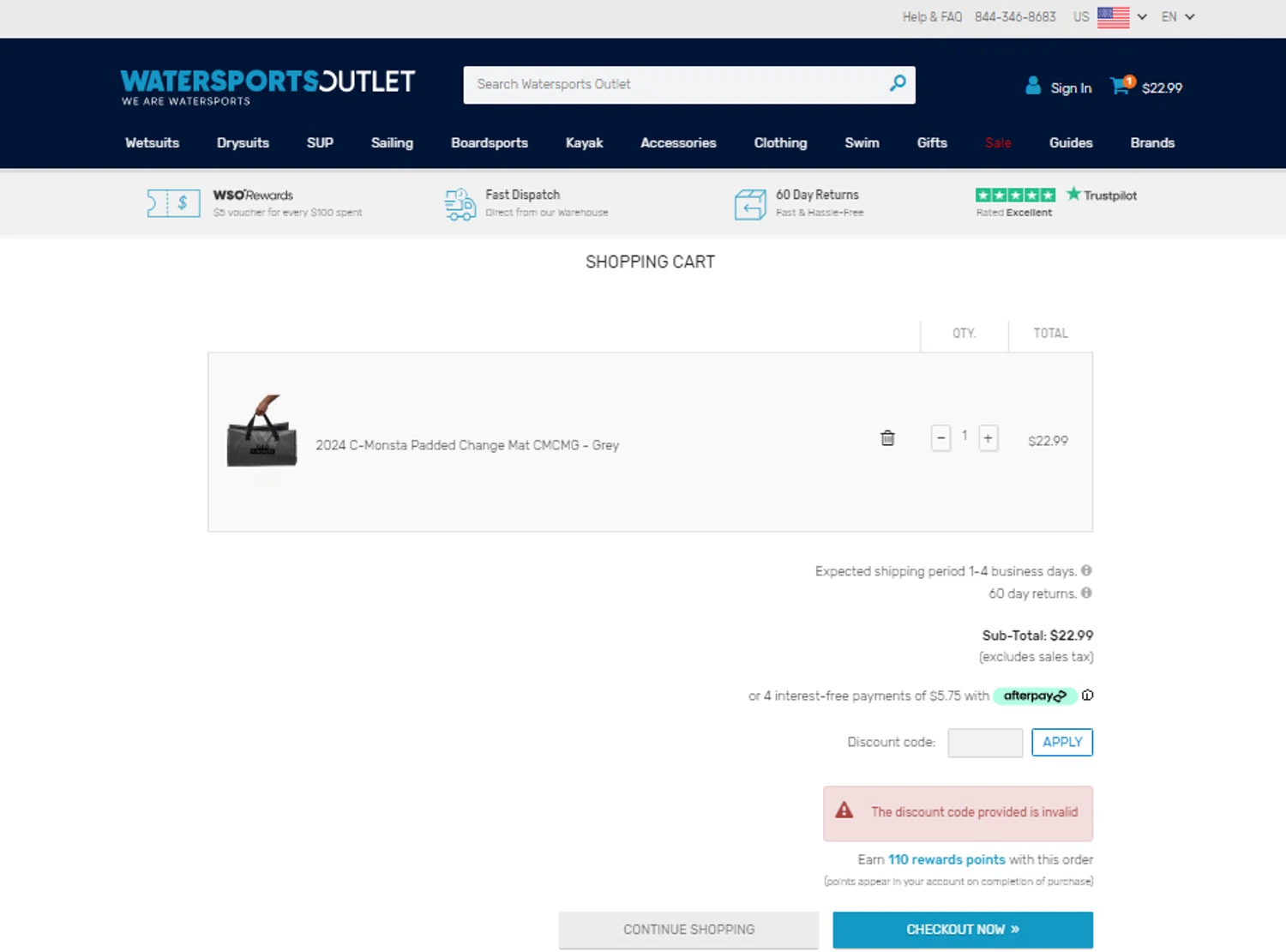 Watersports Outlet discount code screenshot showing code EXTRA10 applied at Watersports Outlet checkout page. Uploaded by SimplyCodes community member ElonMusk on Jan 30, 2025