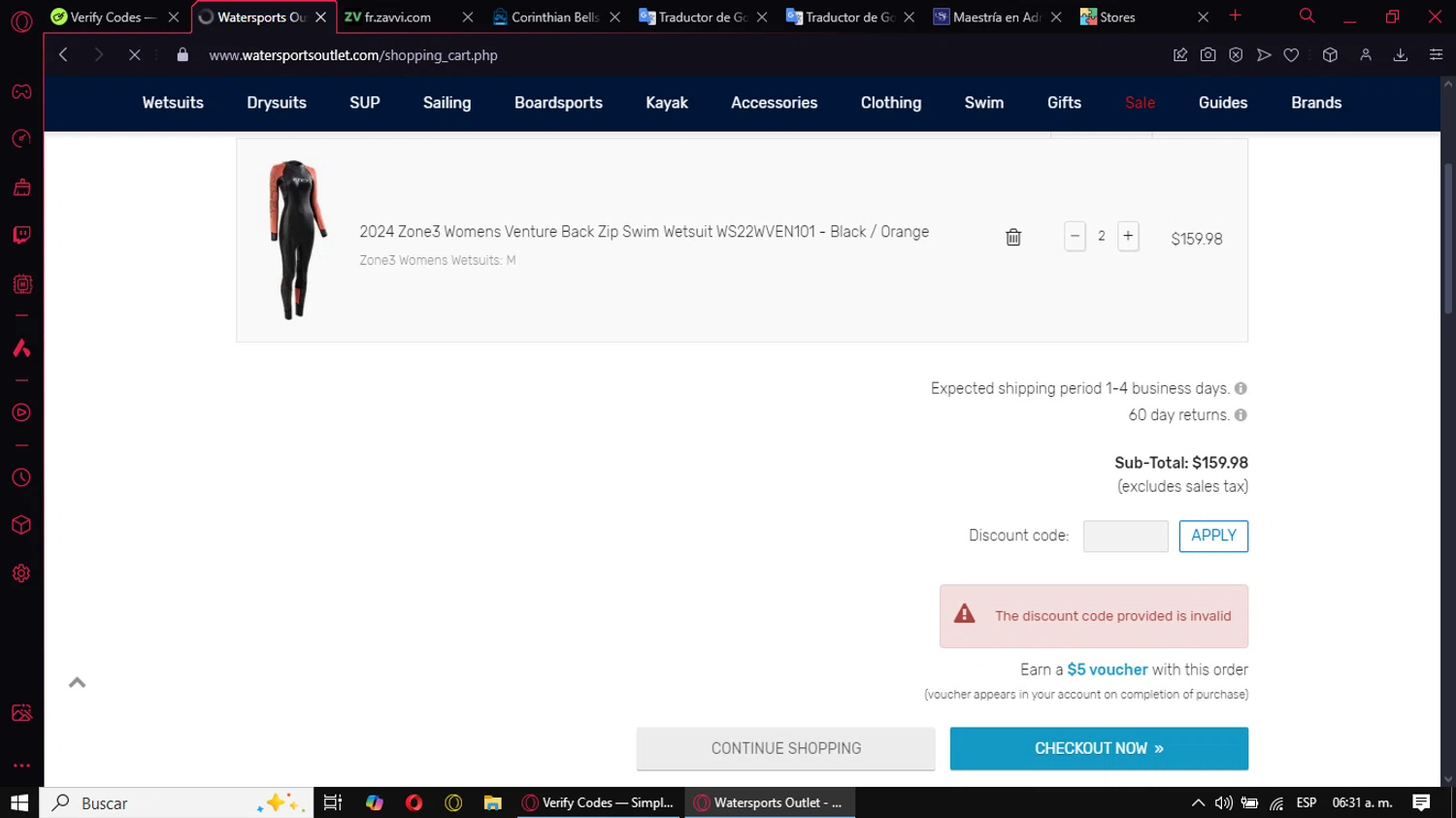 Watersports Outlet discount code screenshot showing code EXTRA10 applied at Watersports Outlet checkout page. Uploaded by SimplyCodes community member Jepsii on Jan 30, 2025