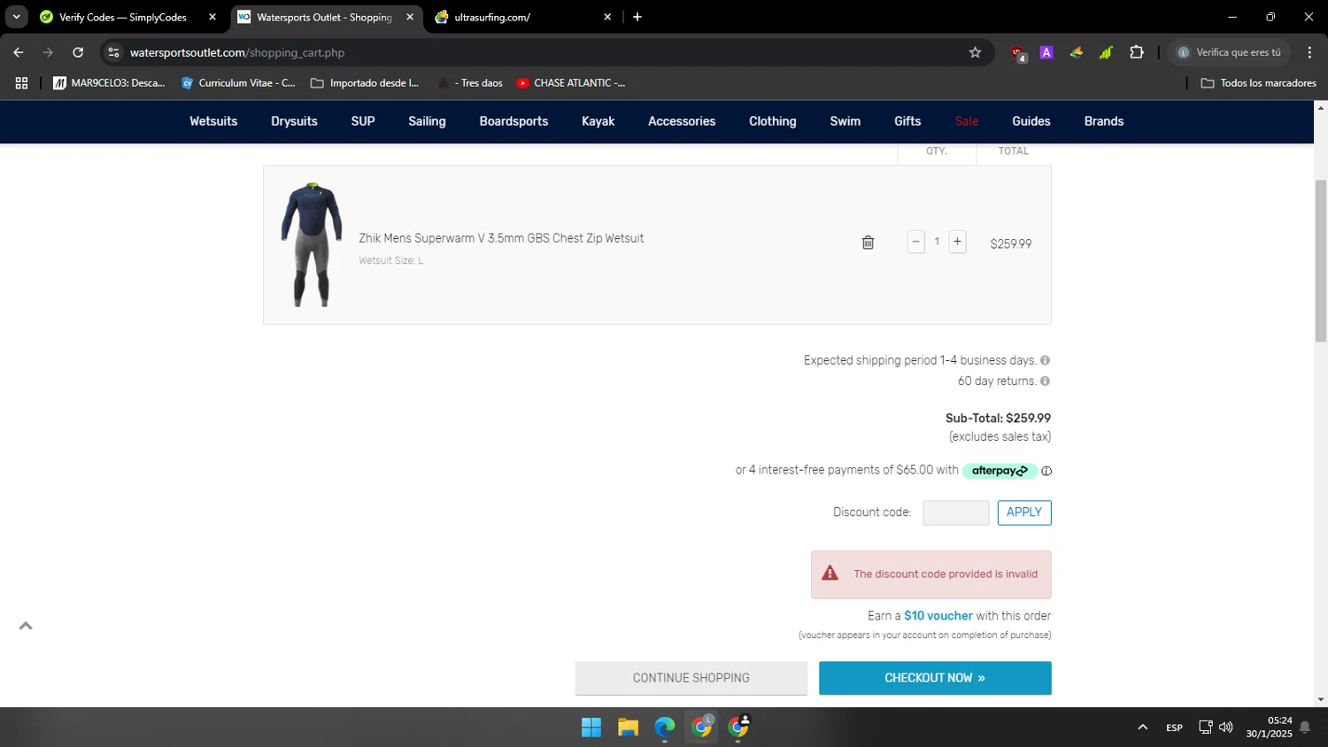 Watersports Outlet discount code screenshot showing code EXTRA10 applied at Watersports Outlet checkout page. Uploaded by SimplyCodes community member yasabesssss on Jan 30, 2025