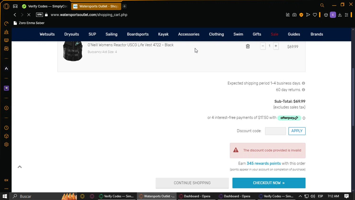 Watersports Outlet discount code screenshot showing code SAVE10 applied at Watersports Outlet checkout page. Uploaded by SimplyCodes community member ExtraordinaryPhoenix3689 on Feb 27, 2025