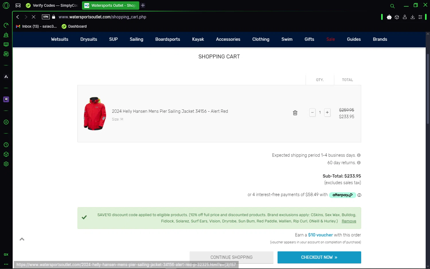 Watersports Outlet checkout page showing Watersports Outlet discount code box | Screenshot taken by SimplyCodes community member on Jan 29, 2025