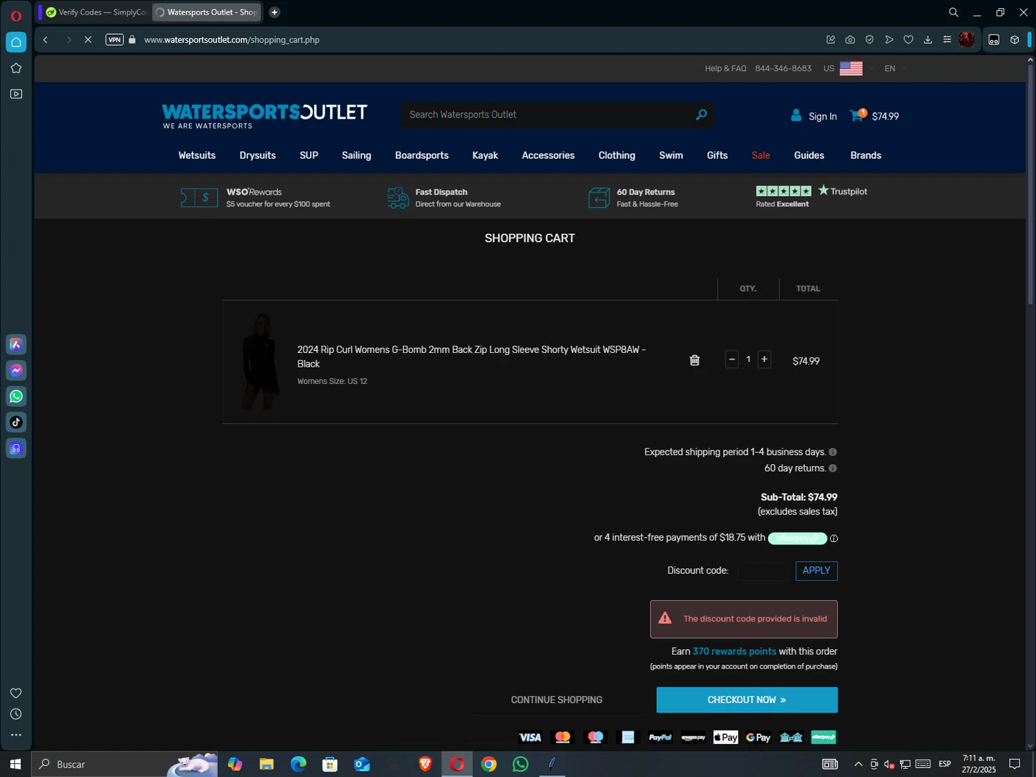 Watersports Outlet discount code screenshot showing code SAVE10 applied at Watersports Outlet checkout page. Uploaded by SimplyCodes community member hollowknight on Feb 27, 2025