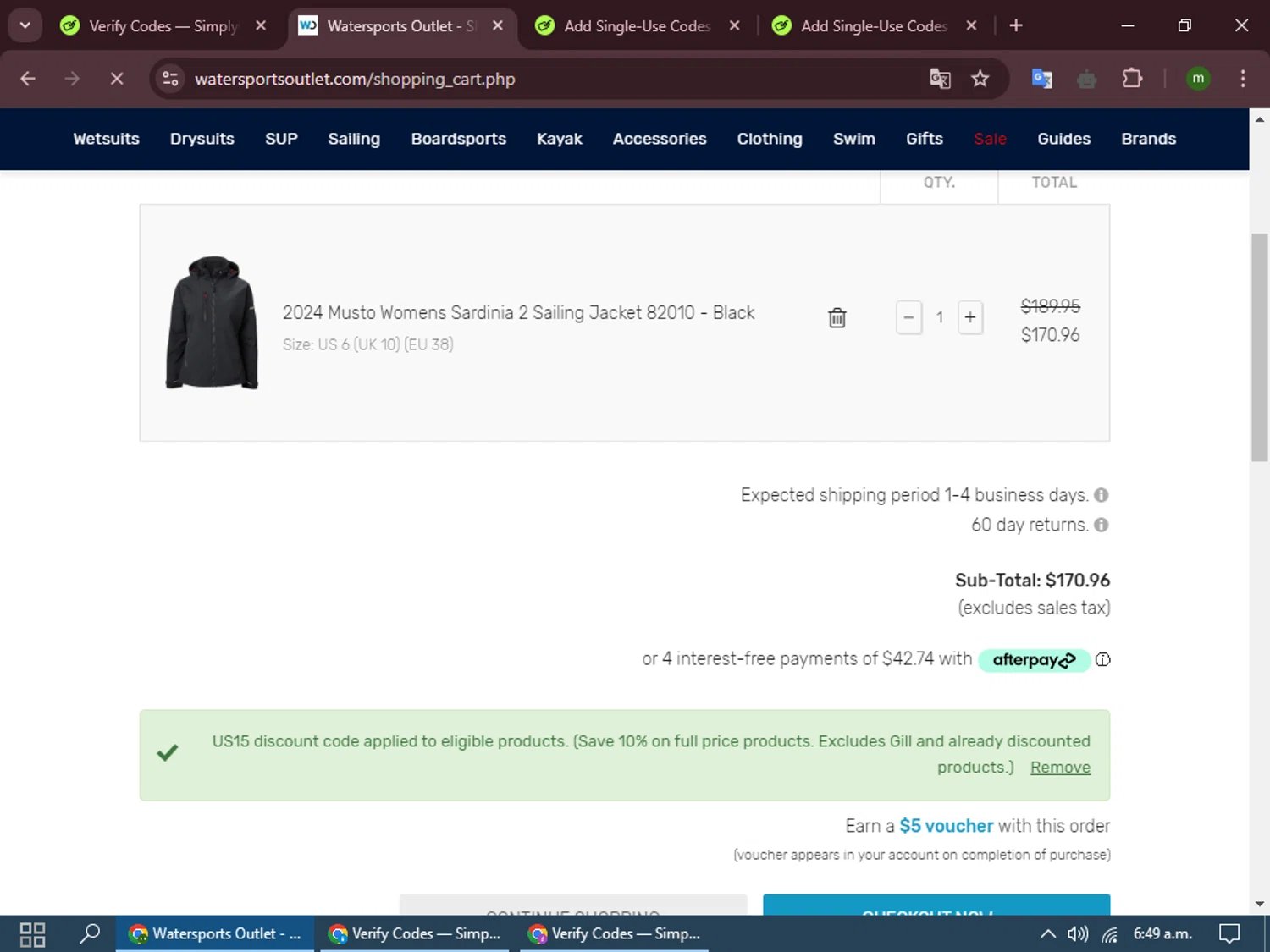 Watersports Outlet discount code screenshot showing code US15 applied at Watersports Outlet checkout page. Uploaded by SimplyCodes community member LuckyEagle8698 on Feb 14, 2025