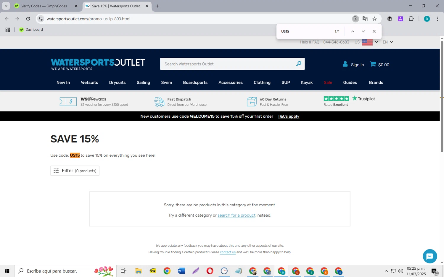 Watersports Outlet discount code screenshot showing code US15 applied at Watersports Outlet checkout page. Uploaded by SimplyCodes community member MagnificentCollector5368 on Mar 11, 2025