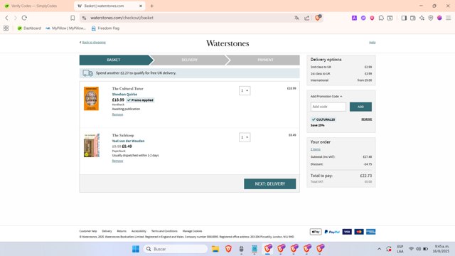 Waterstones checkout page showing Waterstones promo code box | Screenshot taken by SimplyCodes community member on Aug 16, 2025