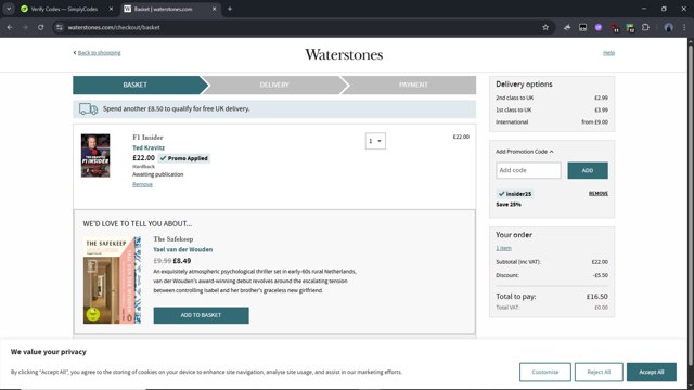 Waterstones checkout page showing Waterstones promo code box | Screenshot taken by SimplyCodes community member on Aug 26, 2025