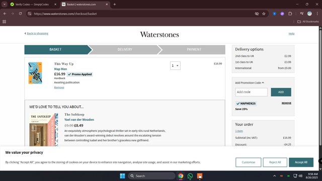 Waterstones checkout page showing Waterstones promo code box | Screenshot taken by SimplyCodes community member on Aug 26, 2025
