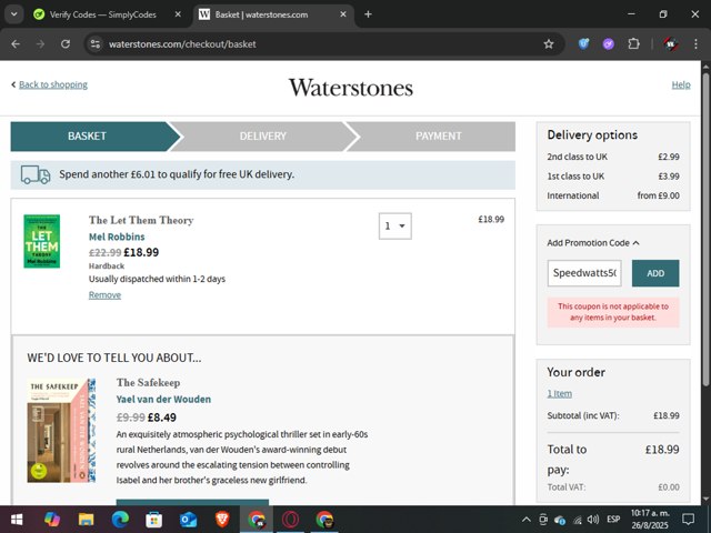 Waterstones checkout page showing Waterstones promo code box | Screenshot taken by SimplyCodes community member on Aug 26, 2025