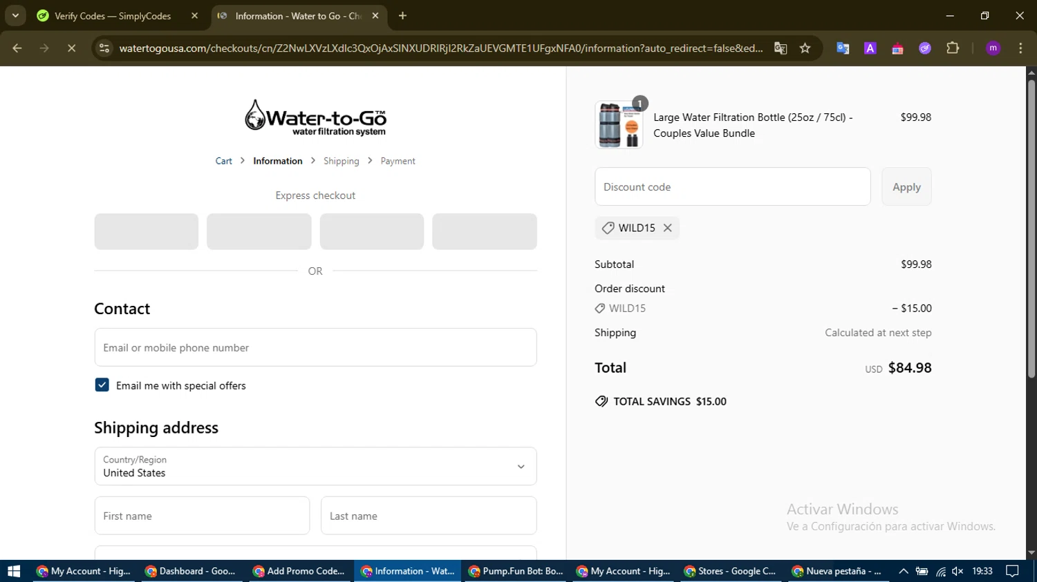 Water-to-Go promo code screenshot showing code WILD15 applied at Water-to-Go checkout page. Uploaded by SimplyCodes community member WonderHawk4272 on Apr 27, 2025