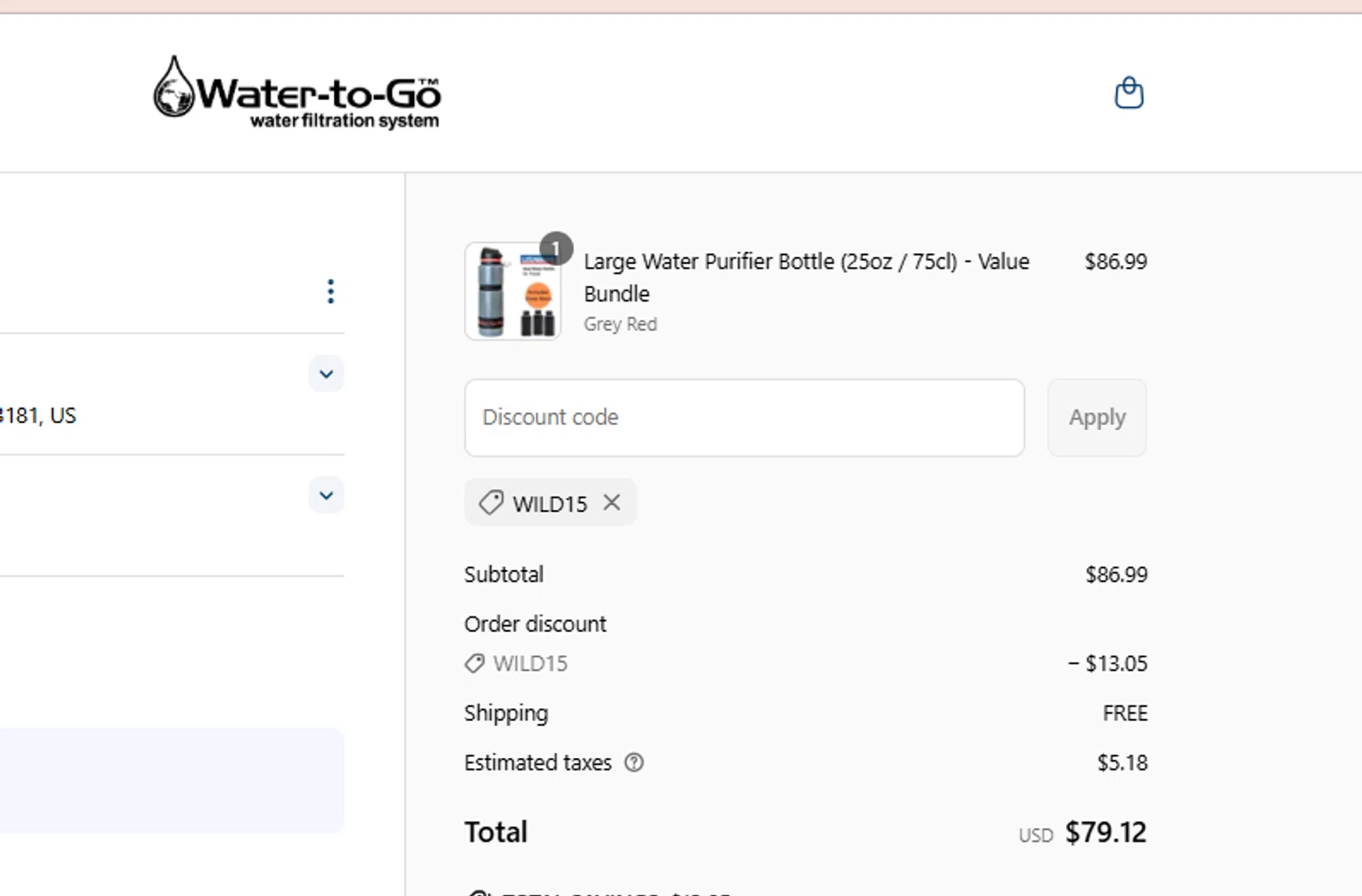 Water-to-Go promo code screenshot showing code WILD15 applied at Water-to-Go checkout page. Uploaded by SimplyCodes community member luisaballera on Jun 22, 2025