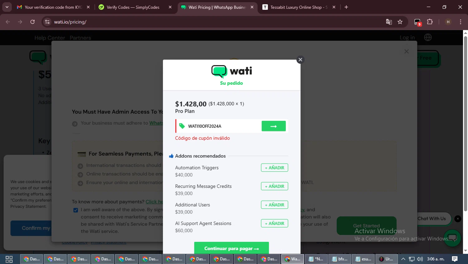 WATI coupon code screenshot showing code WATI10OFF2024A applied at WATI checkout page. Uploaded by SimplyCodes community member VictoriousPioneer8823 on Oct 24, 2025