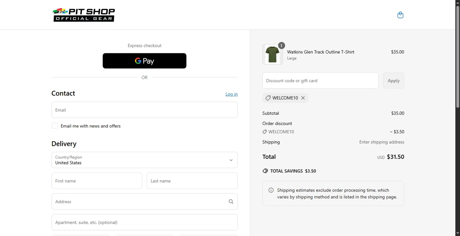 Watkins Glen International coupon code screenshot showing code WELCOME10 applied at Watkins Glen International checkout page. Uploaded by SimplyCodes community member DiscountPhoenix427 on Jun 18, 2025