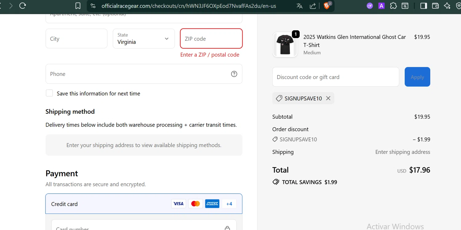 Watkins Glen International coupon code screenshot showing code SIGNUPSAVE10 applied at Watkins Glen International checkout page. Uploaded by SimplyCodes community member PennyCaptain4684 on Sep 23, 2025