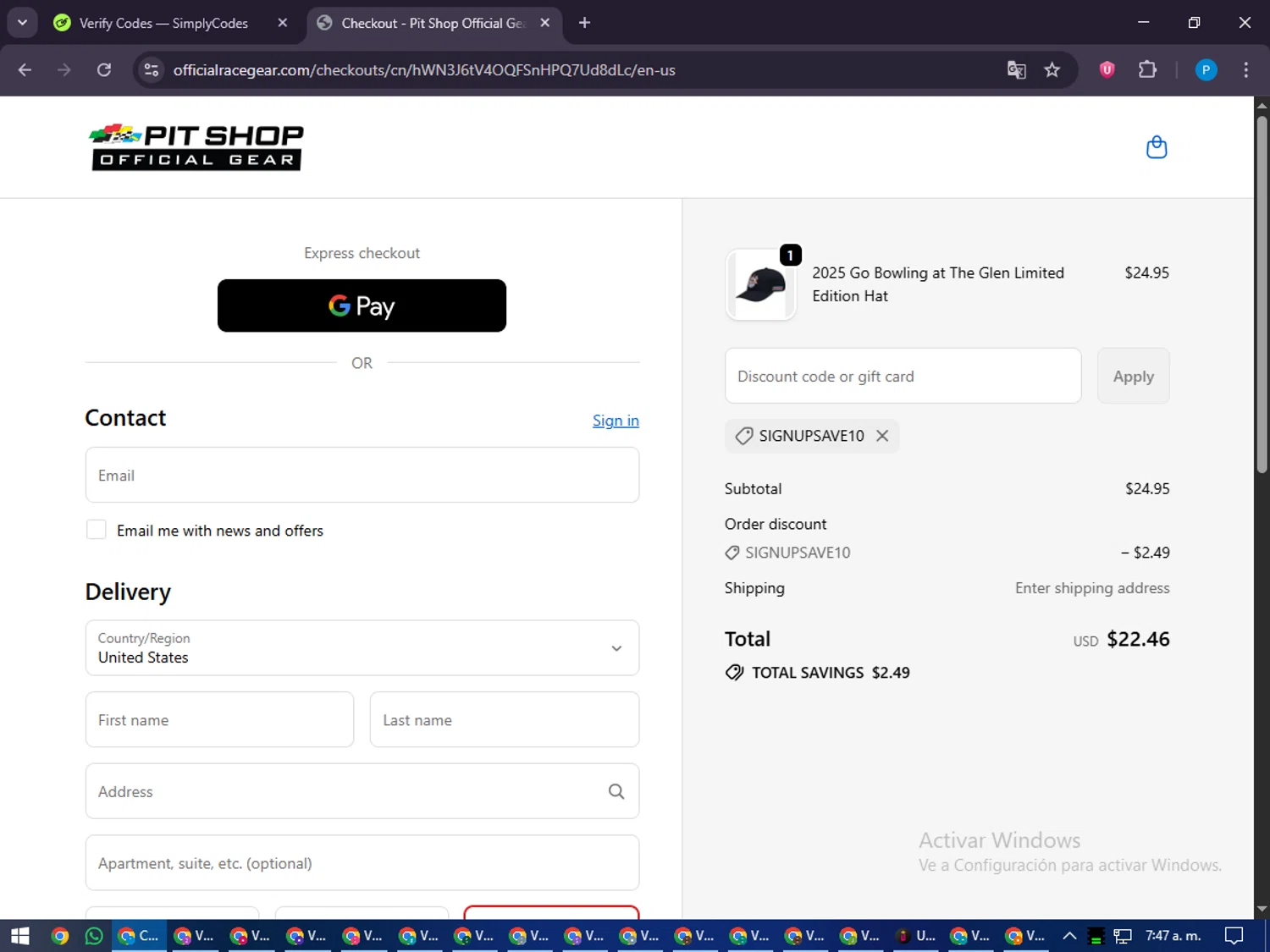 Watkins Glen International coupon code screenshot showing code SIGNUPSAVE10 applied at Watkins Glen International checkout page. Uploaded by SimplyCodes community member juiceWRLD on Sep 23, 2025