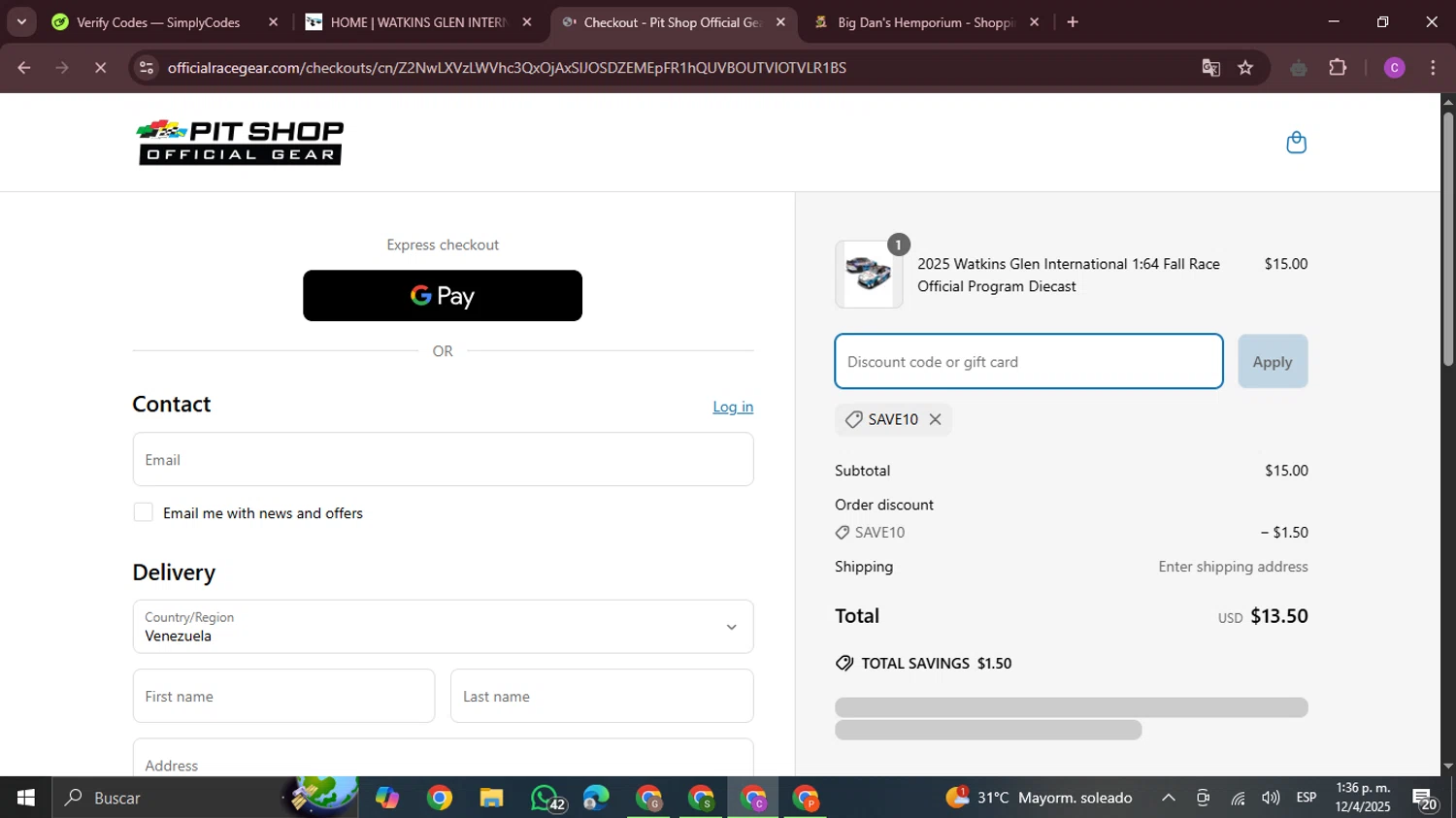 Watkins Glen International coupon code screenshot showing code SAVE10 applied at Watkins Glen International checkout page. Uploaded by SimplyCodes community member FrugalPro5078 on Apr 12, 2025