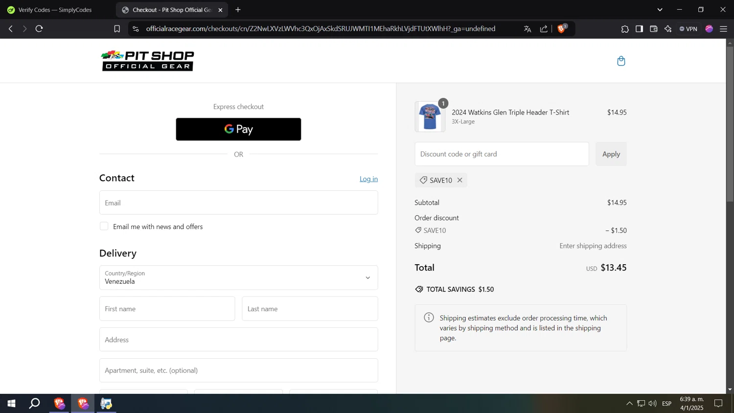 Watkins Glen International coupon code screenshot showing code SAVE10 applied at Watkins Glen International checkout page. Uploaded by SimplyCodes community member aaaaaaaaaaaaaaaa on Jan 4, 2025