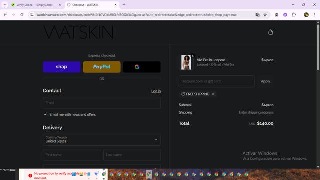 WATSKIN checkout page showing WATSKIN promo code box | Screenshot taken by SimplyCodes community member on Sep 6, 2025