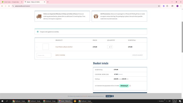 Watson & Wolfe checkout page showing Watson & Wolfe promo code box | Screenshot taken by SimplyCodes community member on Aug 5, 2025