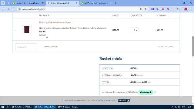 Watson & Wolfe checkout page showing Watson & Wolfe promo code box | Screenshot taken by SimplyCodes community member on Jun 28, 2025