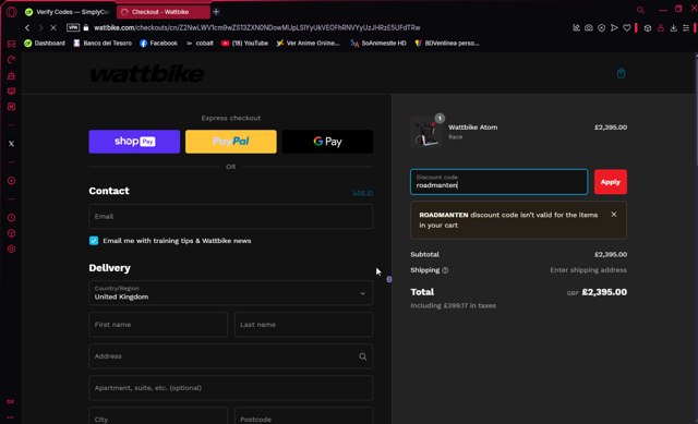Wattbike checkout page showing Wattbike discount code box | Screenshot taken by SimplyCodes community member on Feb 8, 2025