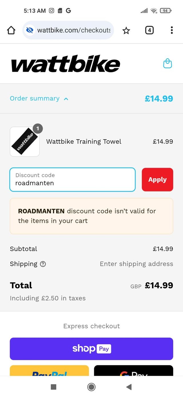 Wattbike checkout page showing Wattbike discount code box | Screenshot taken by SimplyCodes community member on Mar 26, 2025