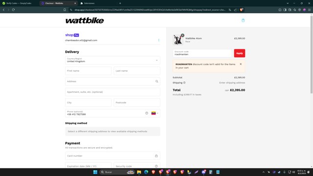 Wattbike checkout page showing Wattbike discount code box | Screenshot taken by SimplyCodes community member on Feb 8, 2025