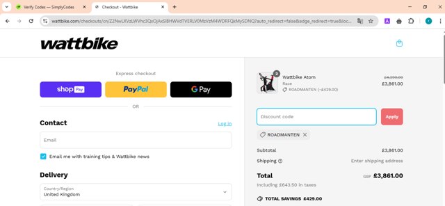 Wattbike checkout page showing Wattbike discount code box | Screenshot taken by SimplyCodes community member on Mar 17, 2025