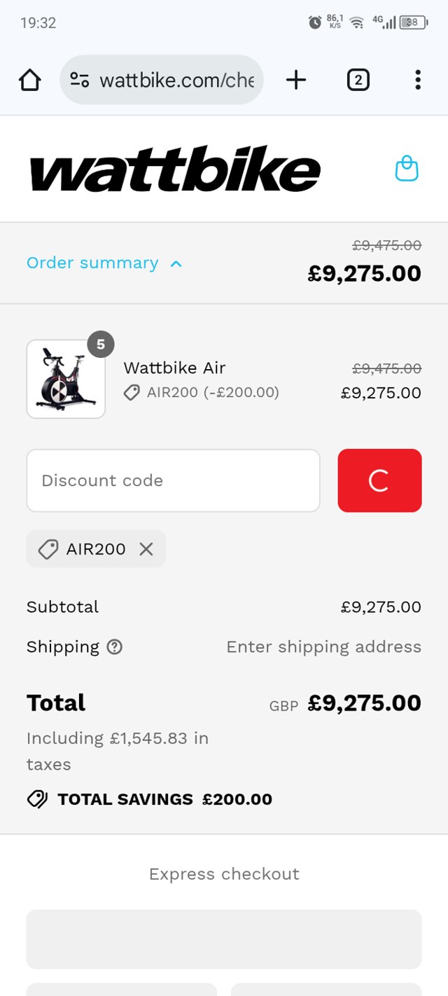 Wattbike checkout page showing Wattbike discount code box | Screenshot taken by SimplyCodes community member on Aug 10, 2025