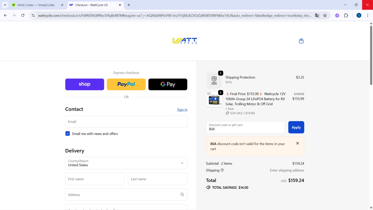 Watt Cycle discount code screenshot showing code 80A applied at Watt Cycle checkout page. Uploaded by SimplyCodes community member CodeSaver4373 on Nov 16, 2025