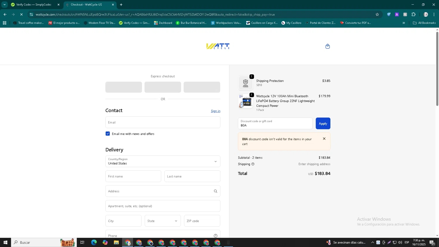 Watt Cycle discount code screenshot showing code 80A applied at Watt Cycle checkout page. Uploaded by SimplyCodes community member John_Johnson on Nov 16, 2025