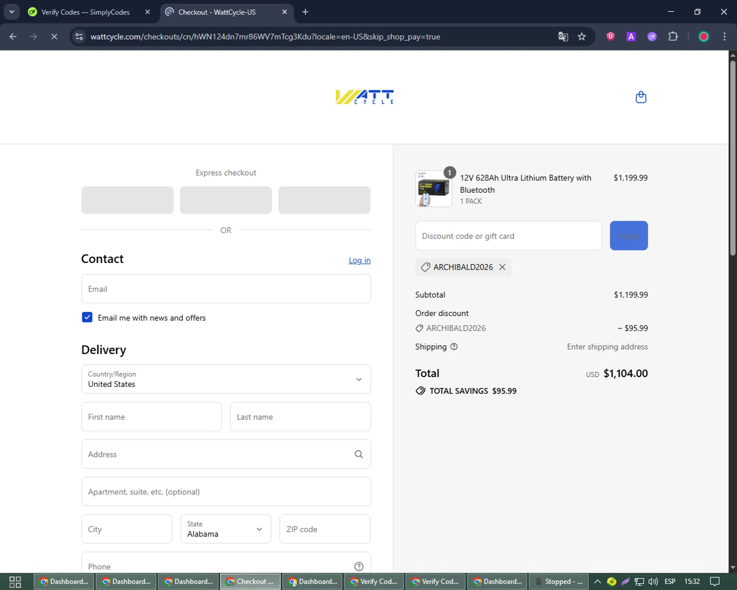 Watt Cycle discount code screenshot showing code ARCHIBALD2026 applied at Watt Cycle checkout page. Uploaded by SimplyCodes community member Joseph_Davis on Jul 25, 2025