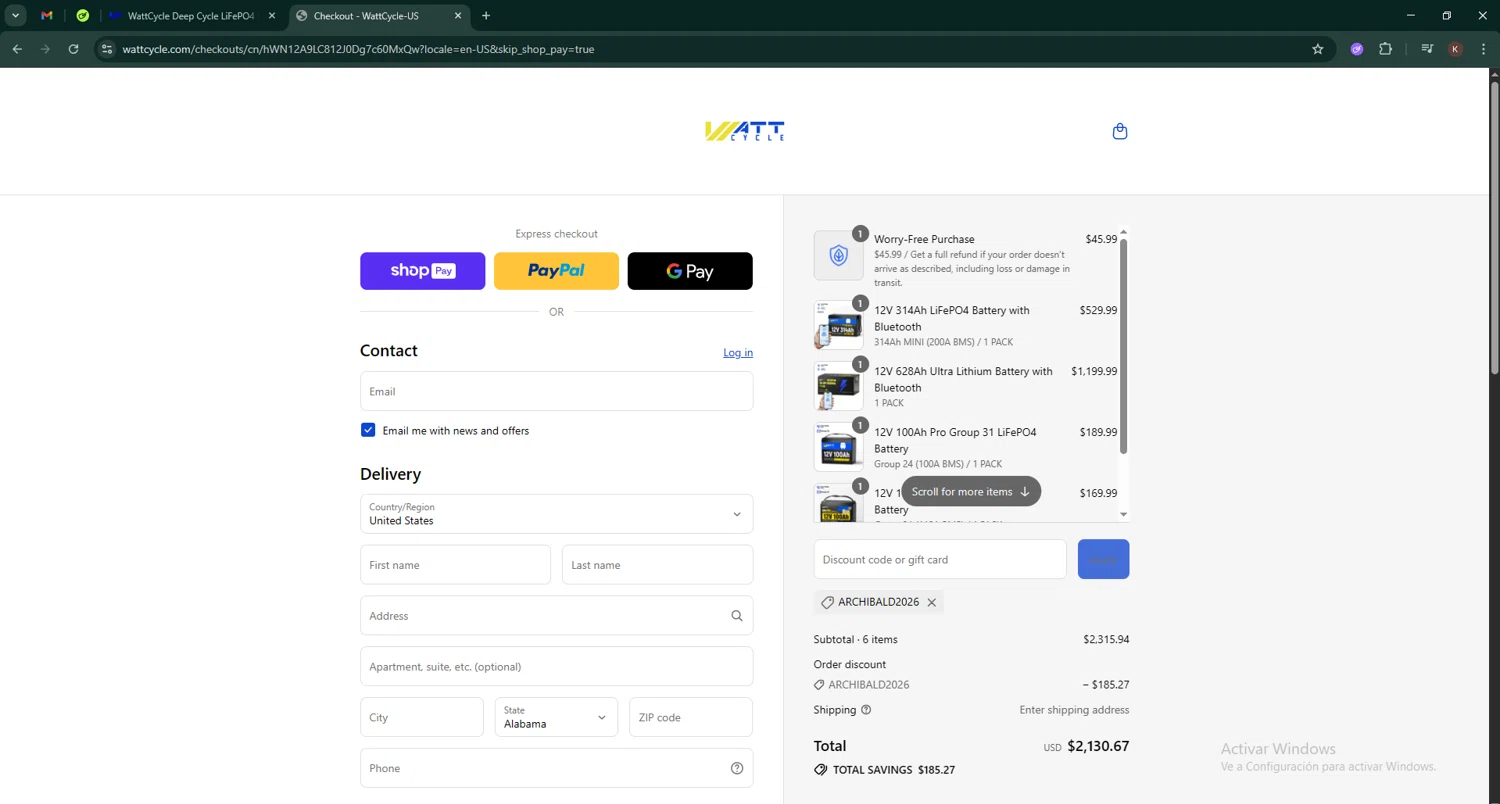 Watt Cycle discount code screenshot showing code ARCHIBALD2026 applied at Watt Cycle checkout page. Uploaded by SimplyCodes community member Keilynkeyonshea on Jul 25, 2025