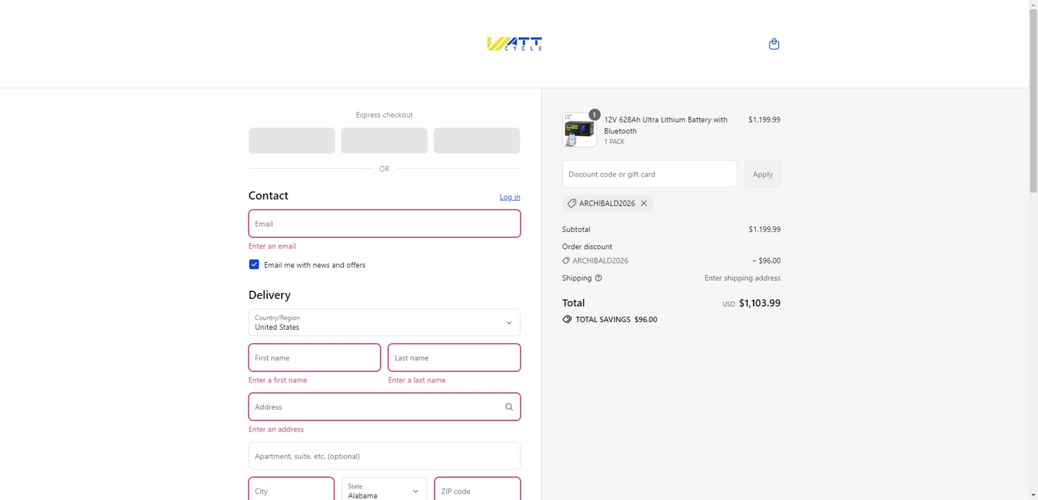 Watt Cycle discount code screenshot showing code ARCHIBALD2026 applied at Watt Cycle checkout page. Uploaded by SimplyCodes community member PennyRanger8219 on Jul 22, 2025