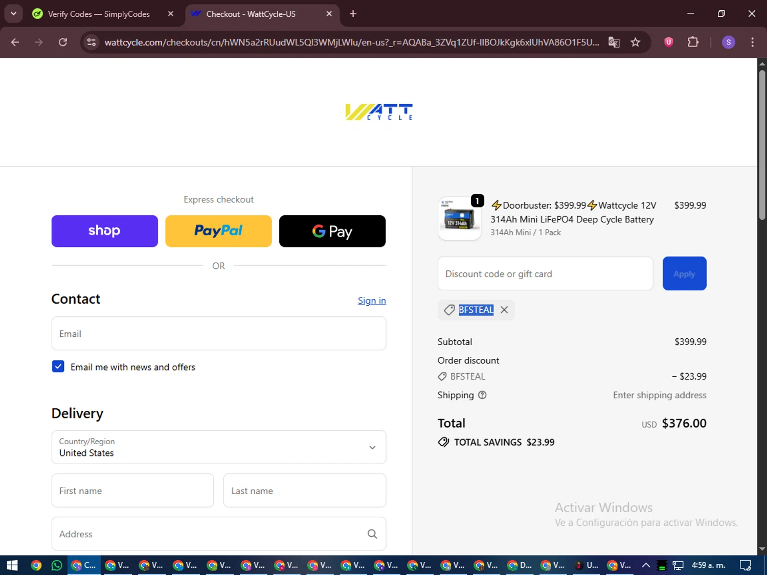 Watt Cycle discount code screenshot showing code BFSTEAL applied at Watt Cycle checkout page. Uploaded by SimplyCodes community member LuckyVoyager688 on Nov 22, 2025